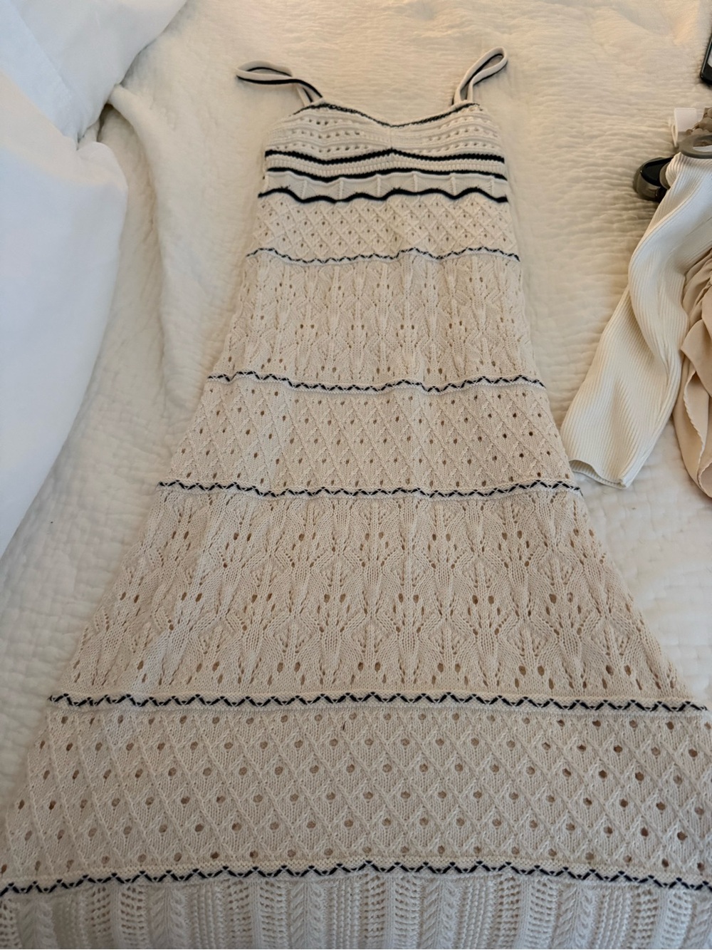 Ivory Knit Maxi Dress with Navy Trim